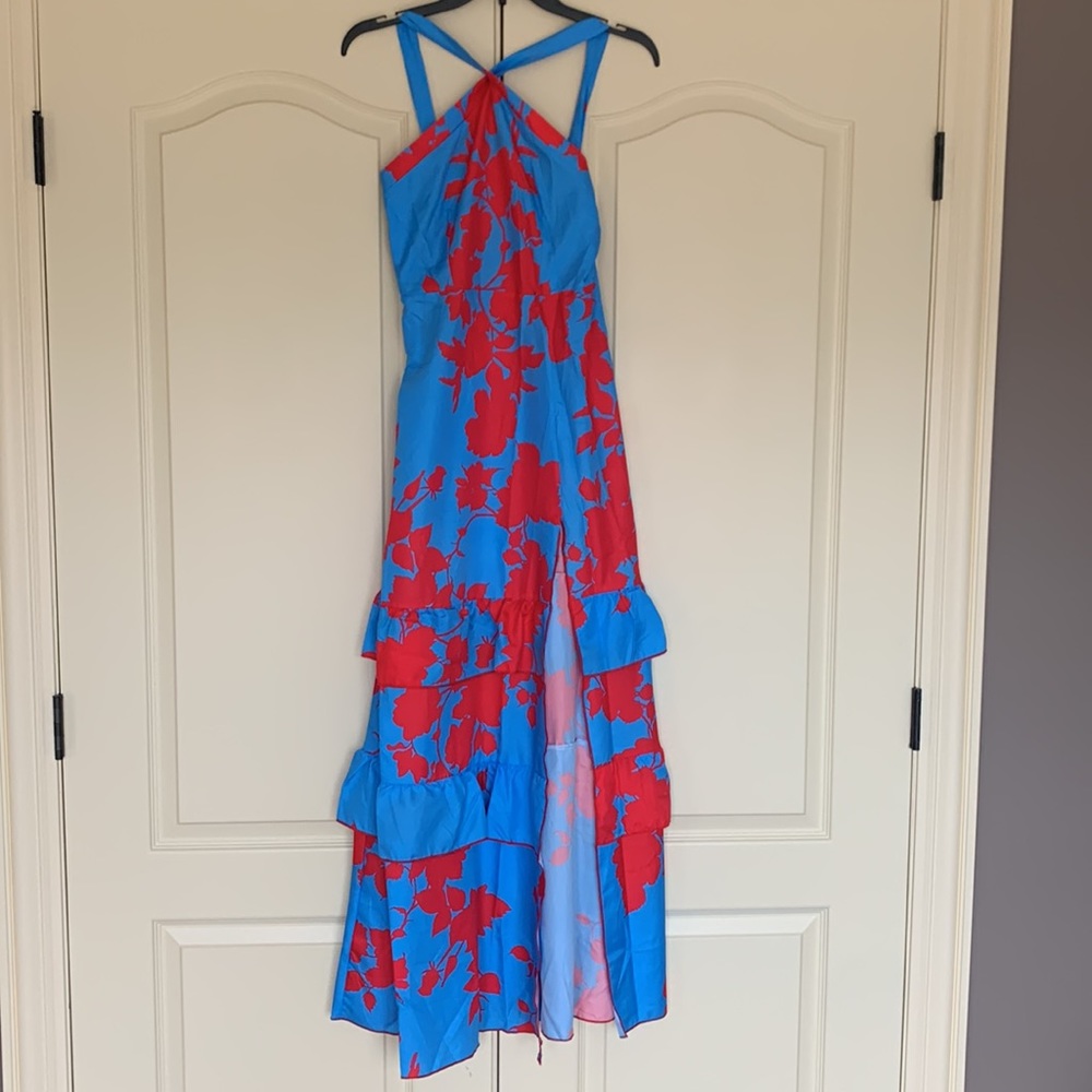 Blue and red/coral maxi dress. Ruffles and side slit.